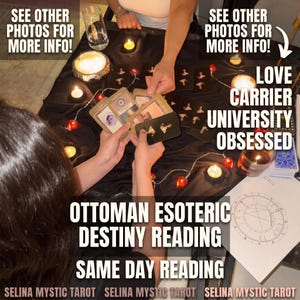 May include: A tarot card reading session featuring a black tablecloth, scattered heart-shaped lights, candles, and a printed astrological chart. Text reads: SEE OTHER PHOTOS FOR MORE INFO!, LOVE CARRIER UNIVERSITY OBSESSED, OTTOMAN ESOTERIC DESTINY READING, SAME DAY READING, SELINA MYSTIC TAROT.