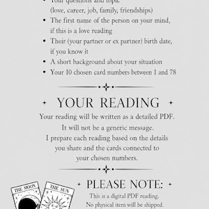 May include: A digital information sheet with black text on a light background. It lists requirements for a reading, including name, birth date, and card numbers. It features an illustration of two hands holding tarot cards labeled The Moon and The Sun.