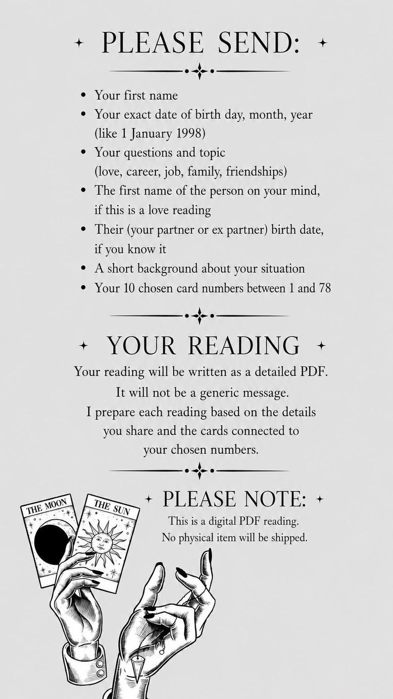 May include: A digital information sheet with black text on a light background. It lists requirements for a reading, including name, birth date, and card numbers. It features an illustration of two hands holding tarot cards labeled The Moon and The Sun.