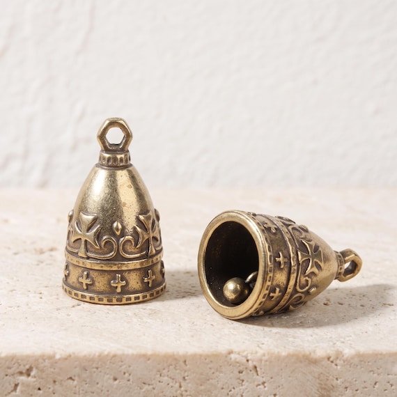 Vintage Brass Bell Pendant | Gothic Cross Motorcycle Guardian Charm, Keychain Supply