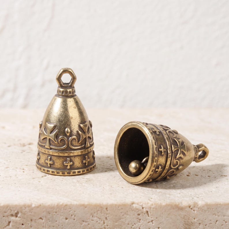 Vintage Brass Bell Pendant | Gothic Cross Motorcycle Guardian Charm, Keychain Supply image 1