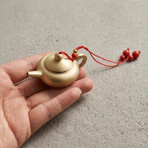 Solid Brass Teapot Ornament, Miniature Feng Shui Decor, Tiny Metal Craft Pendant