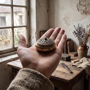 Peut inclure: Un petit brûleur d'encens rond en laiton doté d'un couvercle ajouré décoratif et complexe avec un bouton central. Le récipient présente une finition lisse et polie ainsi qu'une base basse en forme de bol pour diffuser de l'encens.