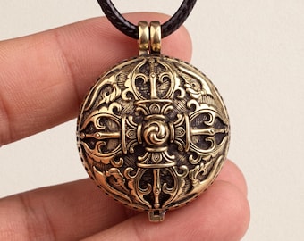 Handmade Brass Tibetan Gau Locket Necklace, Protection Amulet, Double Vajra Pendant