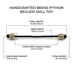 May include: Handcrafted brass python begleri skill toy with two metallic beads and a black cord. Text indicates a total length of 16 cm, bead height of 1.5 cm, cord length of 13 cm, single bead weight of 9 g, and a total weight of 20 g for the entire item.