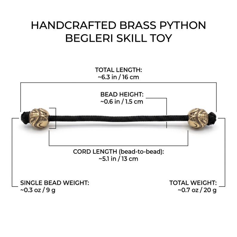 May include: Handcrafted brass python begleri skill toy with two metallic beads and a black cord. Text indicates a total length of 16 cm, bead height of 1.5 cm, cord length of 13 cm, single bead weight of 9 g, and a total weight of 20 g for the entire item.
