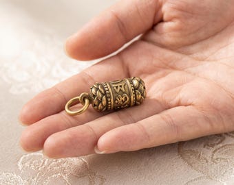 Vintage Brass Tibetan Prayer Wheel Pendant Lotus Six Word Mantra Keychain Charm Buddhist Amulet Handmade Antique Metal EDC Pendant