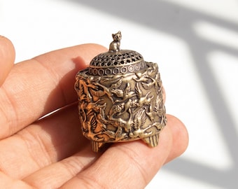Antique Brass Incense Burner, Cat Lid, Flying Birds Carving, Zen Desk Decor