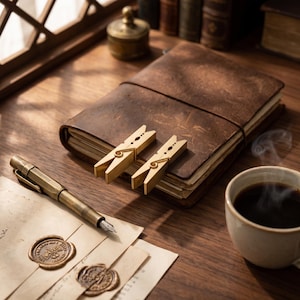 Op de afbeelding: Twee messing wasknijpers op een bruin notitieboek met lederen kaft, vergezeld van een messing vulpen, twee enveloppen met waszegels en een keramische kop met dampende zwarte koffie op een houten ondergrond.