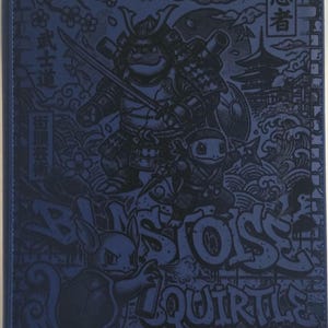 May include: A blue binder featuring a detailed illustration. The artwork depicts ninja turtles and a Squirtle character in a graffiti style. Japanese text and imagery of a pagoda and waves are also present.