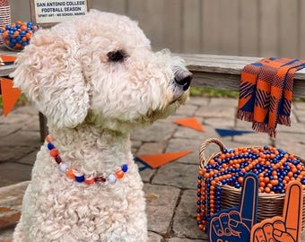 Personalisierbare Haustierhalskette in Königsblau, Orange und Weiß | Perlenhalsband-Accessoire für den Spieltag