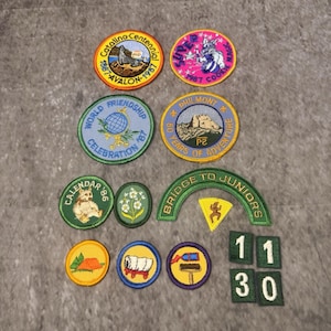 Lote de 15 parches vintage de Girl Scouts de 1987, Super Cookie Magic Bridge To Juniors