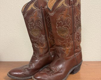 "Vtg ""Texas Boot Co"" Braun Leder Cowboy Boots 8.5EE Floral Inlay Style M106."