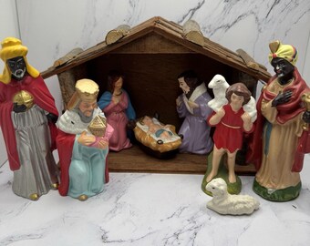 Vintage Wales Paper Mache Nativity Set Chalkware Christmas Made in Japan 9Pcs