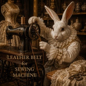 Peut inclure: Une courroie en cuir marron pour machine à coudre, installée sur une machine à coudre ancienne en fonte noire actionnée par une figurine de lapin blanc avec un col en dentelle. Le texte LEATHER BELT for SEWING MACHINE est imprimé.