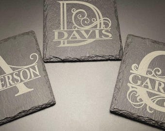 Monogram Slate Coasters Set of 4 | Personalized Wedding Housewarming Gift | Custom Engraved Last Name