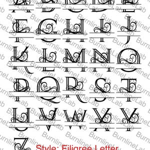 Pode incluir: Uma cole&ccedil;&atilde;o de vinte e seis letras alfab&eacute;ticas pretas em estilo dividido de A a Z, cada uma com designs intrincados de filigrana. As letras est&atilde;o dispostas em formato de grade e o texto "Style: Filigree Letter" aparece em vermelho na parte inferior.