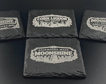 Moonshine Slate Coasters Set of 4 | Funny Whiskey Gift for Him | Man Cave Bar Decor Housewarming
