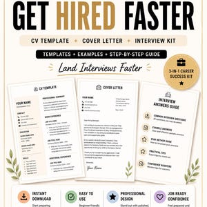 May include: A career success kit with a CV template, cover letter, and interview guide. The image features templates, examples, and a step-by-step guide to help you land interviews faster. Includes an instant download and is easy to use.