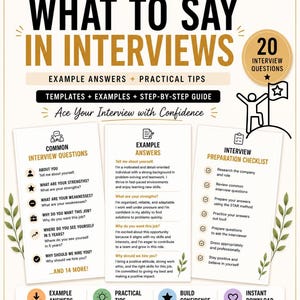 May include: A guide titled "WHAT TO SAY IN INTERVIEWS" with example answers and practical tips. The cover features text in gold and black, with icons and a checklist for interview preparation. Ideal for students and job seekers.