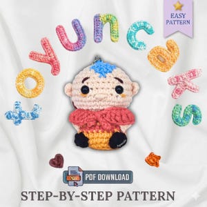 May include: A crocheted doll with a blue headpiece, red bow, and yellow and black clothing. Surrounding the doll are crocheted letters spelling "yuncg", along with other crocheted shapes. The image also includes the text "PDF DOWNLOAD" and "STEP-BY-STEP PATTERN".