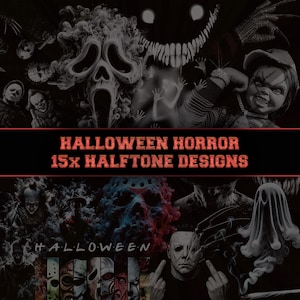 Puede incluir: Una colección digital de 15 diseños de terror de Halloween en semitonos que presenta varios villanos de películas icónicas, máscaras y figuras espectrales en un estilo oscuro y monocromático. El texto HALLOWEEN HORROR 15x HALFTONE DESIGNS está centrado en rojo.