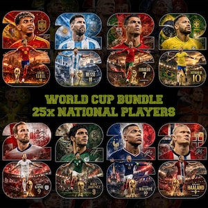 Peut inclure: Un ensemble graphique numérique présentant 25 joueurs de football nationaux, dont Lamine Yamal, Lionel Messi, Cristiano Ronaldo, Neymar Jr., Harry Kane, Raul Jimenez, Kylian Mbappe et Erling Haaland, avec des images de la Coupe du Monde.