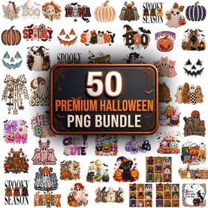 Może przedstawiać: Cyfrowa kolekcja 50 grafik o tematyce Halloween przedstawiająca duchy, dynie, koty i nietoperze. Centralny prostokątny znak zawiera napis 50 PREMIUM HALLOWEEN PNG BUNDLE pogrubioną białą i pomarańczową czcionką.