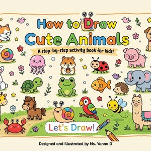 Op de afbeelding: Een kinderactiviteitenboek met de titel "How to Draw Cute Animals". De omslag toont kleurrijke illustraties van verschillende dieren, waaronder een kat, hond en giraffe. De tekst "Let's Draw!" is ook zichtbaar.