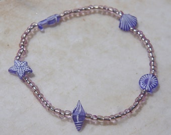 Beaded Anklet, Beach Beaded Anklet, Ankle Bracelet, Starfish Anklet, Boho Bead Anklet, Stretch Anklet, Purple Seed Bead Anklet, Fish Anklet