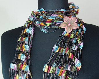 Ribbon Scarf Necklace Felt Flower Brooch, Summer Scarf, Neckwear, Scarf Women Felt Flower, Ladder Yarn Scarf, Boho Scarf, Unique gift her