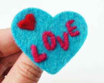 Felt Heart Brooch, Valentine Gift Brooch, Blue Heart Accessories, Love Word Pin, Heart Jewelry, Felt Jewelry, Felt Accessory, Wool Heart Pin