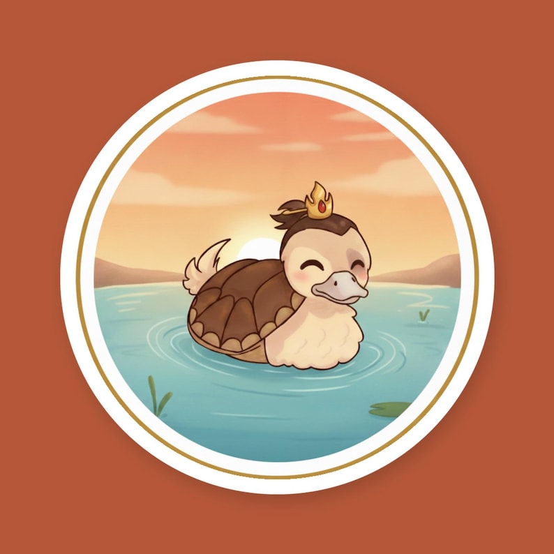 Turtle Duck Fire Prince Sticker | Cute Chibi Sunset Pond | Avatar Fan Art Kiss-Cut Decal | Cozy Laptop Water Bottle Sticker image 1