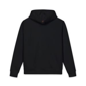 May include: A solid black long-sleeve hoodie featuring a drawstring hood and a small, circular logo patch centred on the back of the hood. The garment has ribbed cuffs at the sleeves and a ribbed hem at the bottom, presented from a rear view.