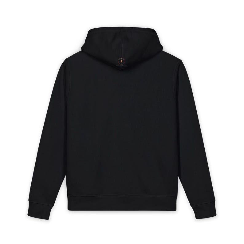 May include: A solid black long-sleeve hoodie featuring a drawstring hood and a small, circular logo patch centred on the back of the hood. The garment has ribbed cuffs at the sleeves and a ribbed hem at the bottom, presented from a rear view.