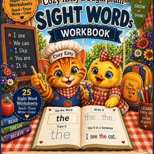May include: A Cozy Kitty & Sugarplum Sight Words Workbook featuring an orange tabby cat in a chef hat and a yellow chick with a red bow. The cover shows them writing in a book with the text 'the' and 'I see the cat' on a red checkered table.