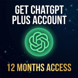 May include: A digital graphic featuring the white text GET CHATGPT PLUS ACCOUNT at the top and 12 MONTHS ACCESS in gold at the bottom. In the center is a glowing green circular icon with a stylized geometric pattern against a dark blue background.