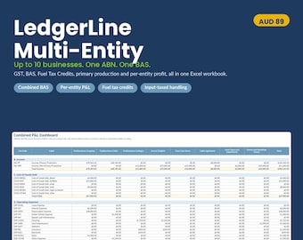 Multi-Entity Bookkeeping Excel Template Australia | GST, BAS, Fuel Tax Credits (One ABN)