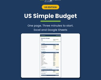 Modèle de budget simplifié sur une page | Modèle de budget mensuel Excel/Google Sheets | Planificateur de budget facile à imprimer pour débutants | Format Lettre US