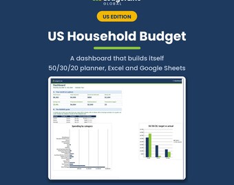 Feuille de calcul budgétaire Excel/Google Sheets | Modèle de budget mensuel pour le ménage | Tableau de bord d'autoconstruction avec planificateur 50/30/20 | États-Unis