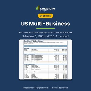 May include: A digital spreadsheet template titled US Multi-Business by LedgerLine Global. The graphic displays a Combined P&L Dashboard with columns for tax codes, labels, and financial totals, featuring mapped Schedule C, 1065, and 1120-S forms.