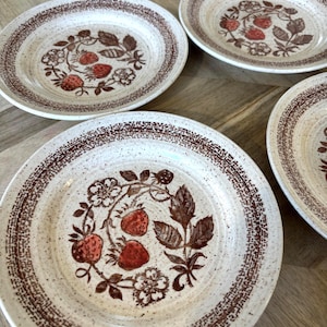 May include: A set of three round ceramic plates featuring a speckled cream-coloured base with a brown decorative border. The centre of each plate displays a detailed brown and red illustration of strawberry plants, including leaves, flowers, and fruit.