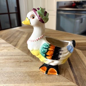May include: A ceramic goose figurine planter featuring a white body with a yellow chest, black feet, and a green and purple bonnet. The goose is adorned with a pink beaded necklace and has orange, green, and black wing details with a blue tail accent.