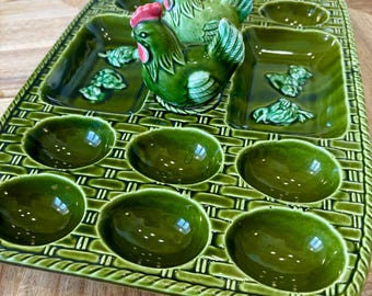 Vintage Avocado Green Deviled Egg Platter with Chicken Shakers | 1960s Japan Basketweave Kitchenware