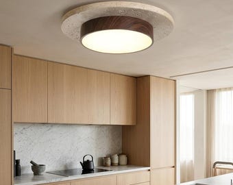 Round Stone Ceiling LED 28W Wabi Sabi Walnut Wood Balcony Corridor Light