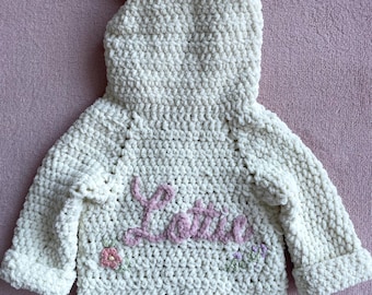 Personalised Crochet Baby Cardigan with Teddy Ears | Custom Name Newborn Jacket