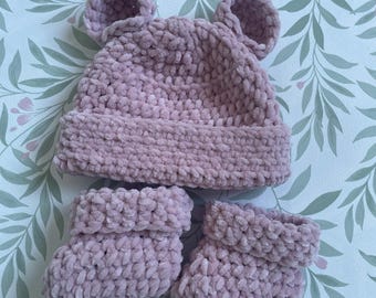 Handmade Chenille Bear Ear Hat and Booties Set, Soft Baby Shower Gift