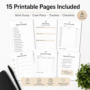 Peut inclure: Ensemble de 15 pages d'étude imprimables, comprenant des schémas de réflexion, des plans de révision, des trackers et des listes de contrôle. Conçu pour l'organisation et la concentration. Icône de téléchargement numérique incluse.