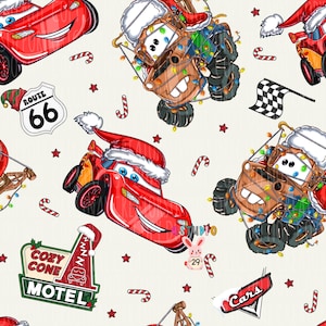 May include: A repeating pattern featuring red race cars and brown tow trucks wearing Santa hats, decorated with colorful Christmas lights. Includes Route 66 signs, checkered flags, candy canes, red stars, and a Cozy Cone Motel sign.