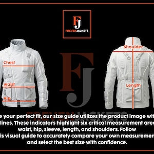May include: A white jacket shown from the front and back, featuring a size guide with orange lines indicating measurement points for sleeve, chest, waist, hip, shoulder, and length. The Freven Jackets logo and text are visible on a black background.